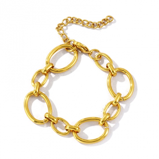 Image de Bracelets En Gros Plaqué Or 18K en 304 Acier Inoxydable, Chaîne à Maillons Faite à la Main Respectueux de la Nature, aux Femmes Simple À la Mode Cadeau Fournitures de Bijoux 17cm long, Taille de la Chaîne: 16mm, 1 Pièce