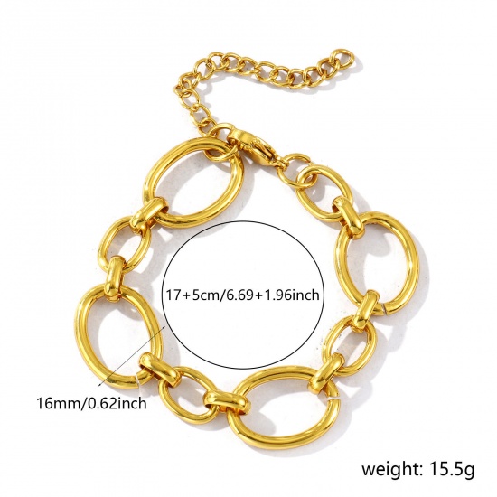 Image de Bracelets En Gros Plaqué Or 18K en 304 Acier Inoxydable, Chaîne à Maillons Faite à la Main Respectueux de la Nature, aux Femmes Simple À la Mode Cadeau Fournitures de Bijoux 17cm long, Taille de la Chaîne: 16mm, 1 Pièce