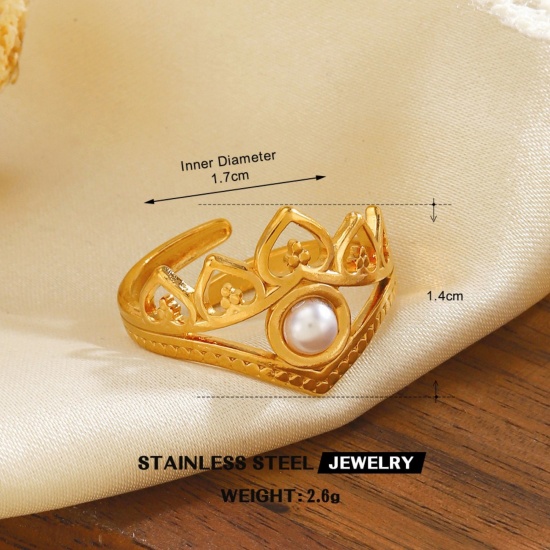 Picture of Wholesale Women's Gift Imitation Pearl Open Rings, 18K Gold Plated 304 Stainless Steel, Eco-friendly PVD Vacuum Plating Exquisite Stylish Jewelry Supply, 17mm(US Size 6.5), 1 Piece