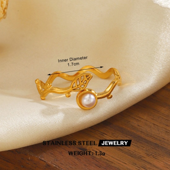 Picture of Wholesale Women's Gift Imitation Pearl Open Rings, 18K Gold Plated 304 Stainless Steel, Eco-friendly PVD Vacuum Plating Exquisite Stylish Jewelry Supply, 17mm(US Size 6.5), 1 Piece