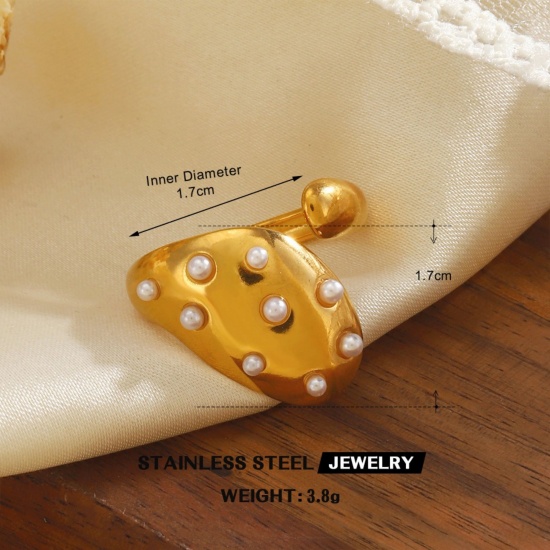 Picture of Wholesale Women's Gift Imitation Pearl Open Rings, 18K Gold Plated 304 Stainless Steel, Eco-friendly PVD Vacuum Plating Exquisite Stylish Jewelry Supply, 17mm(US Size 6.5), 1 Piece