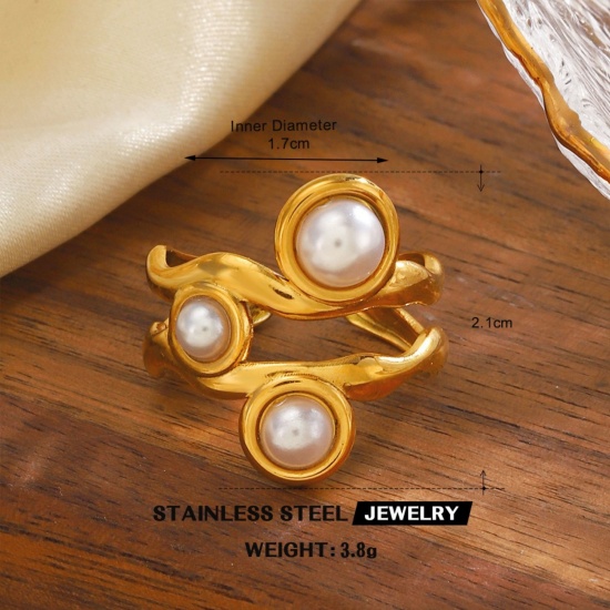 Picture of Wholesale Women's Gift Imitation Pearl Open Rings, 18K Gold Plated 304 Stainless Steel, Eco-friendly PVD Vacuum Plating Exquisite Stylish Jewelry Supply, 17mm(US Size 6.5), 1 Piece