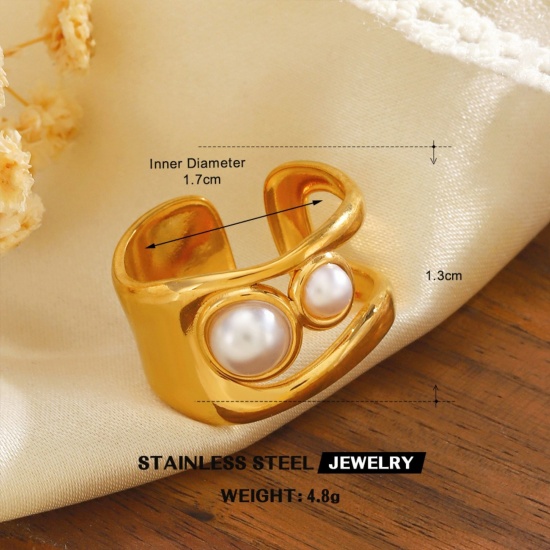 Picture of Wholesale Women's Gift Imitation Pearl Open Rings, 18K Gold Plated 304 Stainless Steel, Eco-friendly PVD Vacuum Plating Exquisite Stylish Jewelry Supply, 17mm(US Size 6.5), 1 Piece