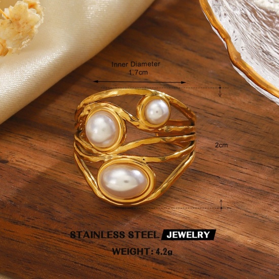 Picture of Wholesale Women's Gift Imitation Pearl Open Rings, 18K Gold Plated 304 Stainless Steel, Eco-friendly PVD Vacuum Plating Exquisite Stylish Jewelry Supply, 17mm(US Size 6.5), 1 Piece