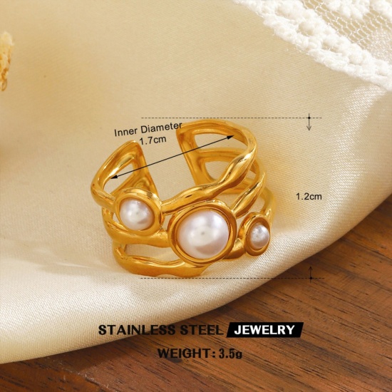 Picture of Wholesale Women's Gift Imitation Pearl Open Rings, 18K Gold Plated 304 Stainless Steel, Eco-friendly PVD Vacuum Plating Exquisite Stylish Jewelry Supply, 17mm(US Size 6.5), 1 Piece