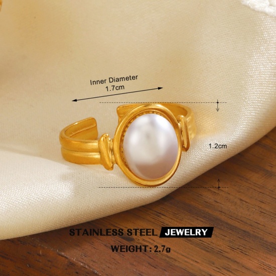 Picture of Wholesale Women's Gift Imitation Pearl Open Rings, 18K Gold Plated 304 Stainless Steel, Eco-friendly PVD Vacuum Plating Exquisite Stylish Jewelry Supply, 17mm(US Size 6.5), 1 Piece