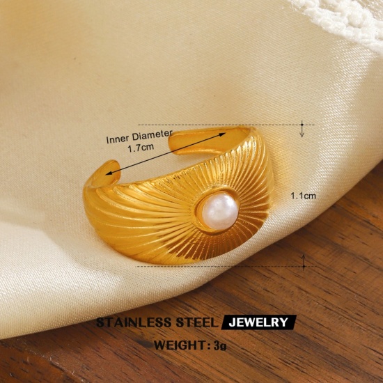 Picture of Wholesale Women's Gift Imitation Pearl Open Rings, 18K Gold Plated 304 Stainless Steel, Eco-friendly PVD Vacuum Plating Exquisite Stylish Jewelry Supply, 17mm(US Size 6.5), 1 Piece