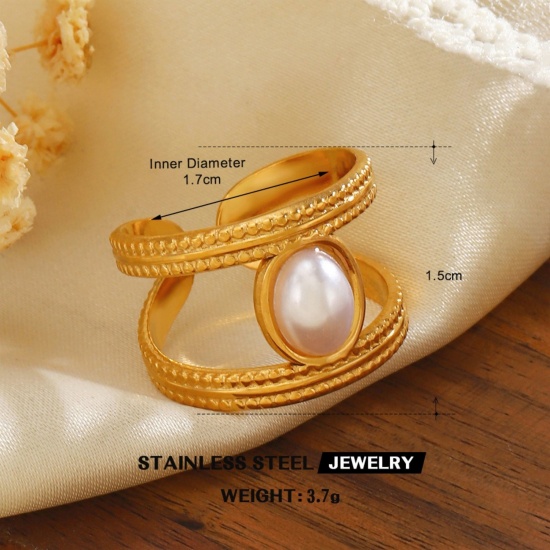 Picture of Wholesale Women's Gift Imitation Pearl Open Rings, 18K Gold Plated 304 Stainless Steel, Eco-friendly PVD Vacuum Plating Exquisite Stylish Jewelry Supply, 17mm(US Size 6.5), 1 Piece