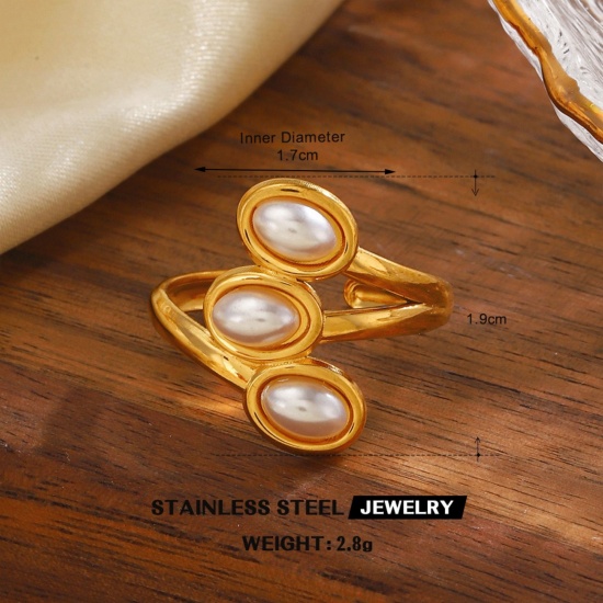 Picture of Wholesale Women's Gift Imitation Pearl Open Rings, 18K Gold Plated 304 Stainless Steel, Eco-friendly PVD Vacuum Plating Exquisite Stylish Jewelry Supply, 17mm(US Size 6.5), 1 Piece