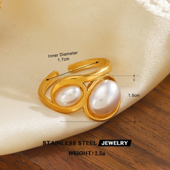 Picture of Wholesale Women's Gift Imitation Pearl Open Rings, 18K Gold Plated 304 Stainless Steel, Eco-friendly PVD Vacuum Plating Exquisite Stylish Jewelry Supply, 17mm(US Size 6.5), 1 Piece