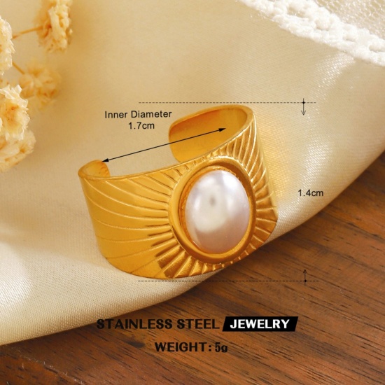 Picture of Wholesale Women's Gift Imitation Pearl Open Rings, 18K Gold Plated 304 Stainless Steel, Eco-friendly PVD Vacuum Plating Exquisite Stylish Jewelry Supply, 17mm(US Size 6.5), 1 Piece