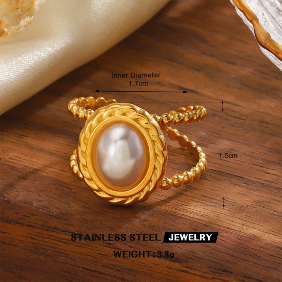 Picture of Wholesale Women's Gift Imitation Pearl Open Rings, 18K Gold Plated 304 Stainless Steel, Eco-friendly PVD Vacuum Plating Exquisite Stylish Jewelry Supply, 17mm(US Size 6.5), 1 Piece