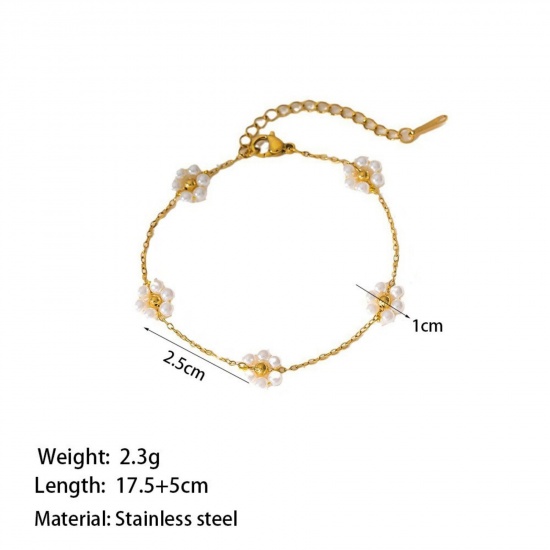 Picture of Wholesale Flower 304 Stainless Steel Handmade Link Chain Station Bracelet, 18K Gold Plated Eco-friendly PVD Vacuum Plating, Women's Exquisite Stylish Gift Jewelry Supply, 17cm(6.7") long, 1 Piece