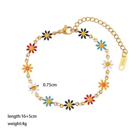 Imagen de Margarita Multicolor Esmalte 304 Acero Inoxidable Cadena de Eslabones Hechos a Mano Pulsera de Estación Al Por Mayor, Chapado en Oro de 18K Recubrimiento al Vacío PVD Ecológico, Mujeres Exquisito Elegante Regalo Suministro de Joyería, 17cm longitud, 1 Unidad