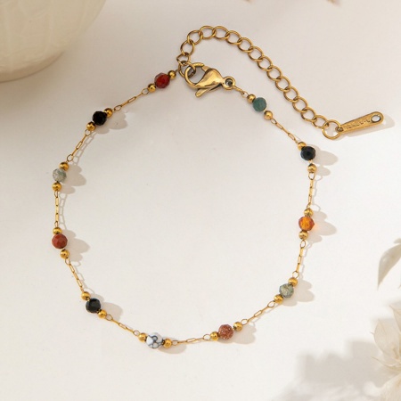 Image de Bracelet de Station En Gros Plaqué Or 18K en 304 Acier Inoxydable, Chips Perles Multicolore Chaîne Perlée Revêtement sous Vide PVD Respectueux de l'Environnement, aux Femmes Exquis À la Mode Cadeau Fournitures de Bijoux 17cm long, 1 Pièce