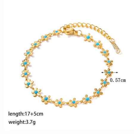 Picture of Wholesale Flower Blue Enamel 304 Stainless Steel Handmade Link Chain Station Bracelet, 18K Gold Plated Eco-friendly PVD Vacuum Plating, Women's Exquisite Stylish Gift Jewelry Supply, 17cm(6.7") long, 1 Piece
