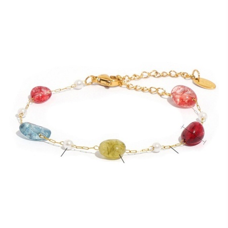 Picture of Wholesale Chip Beads Multicolor 304 Stainless Steel Beaded Chain Station Bracelet, 18K Gold Plated Eco-friendly PVD Vacuum Plating, Women's Exquisite Stylish Gift Jewelry Supply, 17cm(6.7") long, 1 Piece