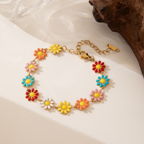 Picture of Wholesale Daisy Flower Multicolor Enamel 304 Stainless Steel Handmade Link Chain Station Bracelet, 18K Gold Plated Eco-friendly PVD Vacuum Plating, Women's Exquisite Stylish Gift Jewelry Supply, 17cm(6.7") long, 1 Piece