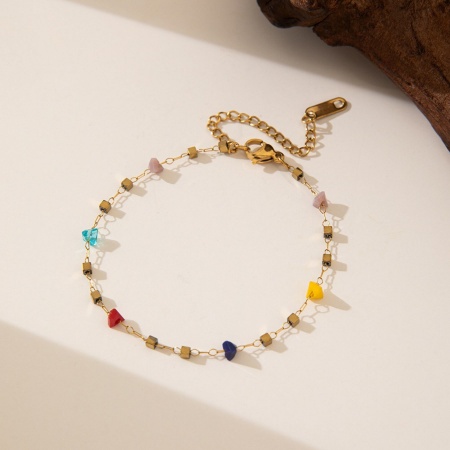 Imagen de Chip Beads Multicolor 304 Acero Inoxidable Cadena de Cuentas Pulsera de Estación Al Por Mayor, Chapado en Oro de 18K Recubrimiento al Vacío PVD Ecológico, Mujeres Exquisito Elegante Regalo Suministro de Joyería, 17cm longitud, 1 Unidad