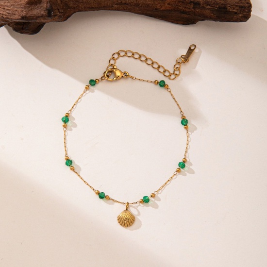 Picture of Wholesale Shell Green 304 Stainless Steel Beaded Chain Charm Bracelets, 18K Gold Plated Eco-friendly PVD Vacuum Plating, Women's Exquisite Stylish Gift Jewelry Supply, 17cm(6.7") long, 1 Piece