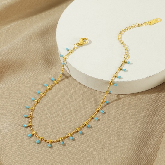 Picture of Wholesale Tassel Blue Enamel 304 Stainless Steel Curb Link Chain Anklet, 18K Gold Plated Eco-friendly PVD Vacuum Plating, Women's Exquisite Stylish Gift Jewelry Supply, 20cm(7.9") long, 1 Piece