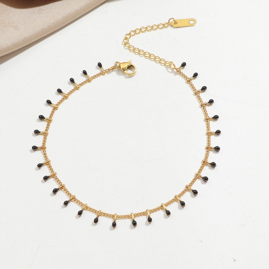 Picture of Wholesale Tassel Black Enamel 304 Stainless Steel Curb Link Chain Anklet, 18K Gold Plated Eco-friendly PVD Vacuum Plating, Women's Exquisite Stylish Gift Jewelry Supply, 20cm(7.9") long, 1 Piece