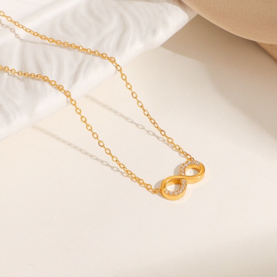 Picture of Wholesale Infinity Symbol Clear Rhinestone Pendant Charm Necklace, 18K Gold Plated 304 Stainless Steel Women's Eco-friendly PVD Vacuum Plating Exquisite Retro Gift Jewelry For Retailer, 40cm(15.7") + 5cm(2") long, 1 Piece