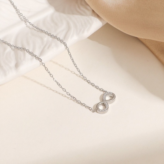 Picture of Wholesale Infinity Symbol Clear Rhinestone Pendant Charm Necklace, Silver Tone 304 Stainless Steel Women's Eco-friendly Exquisite Retro Gift Jewelry For Retailer, 40cm(15.7") + 5cm(2") long, 1 Piece