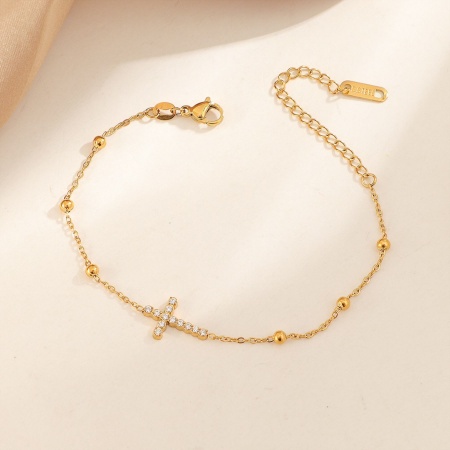 Picture of Wholesale Cross Clear Cubic Zirconia 304 Stainless Steel Ball Chain Charm Bracelets, 18K Gold Plated Eco-friendly PVD Vacuum Plating, Women's Religious Stylish Gift Jewelry Supply, 17cm(6.7") long, 1 Piece