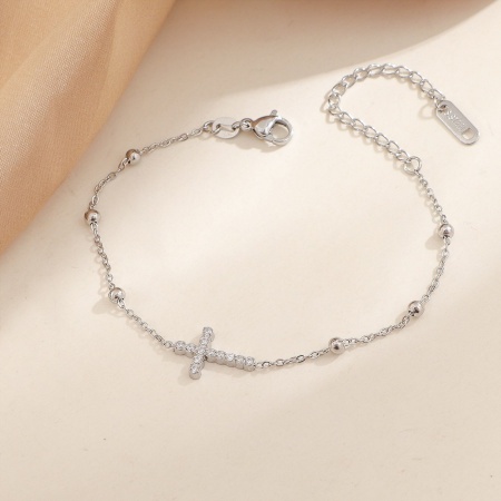 Picture of Wholesale Cross Clear Cubic Zirconia 304 Stainless Steel Ball Chain Charm Bracelets, Silver Tone Eco-friendly, Women's Religious Stylish Gift Jewelry Supply, 17cm(6.7") long, 1 Piece