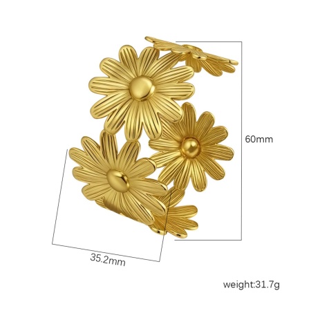 Immagine di Fiore 304 Acciaio Inossidabile Aprire Braccialetti All'Ingrosso, Placcato Oro 18K Placcatura Sottovuoto PVD Ecologica, Donne Semplice Elegante Regalo Fornitura di Gioielli, 1 Pz