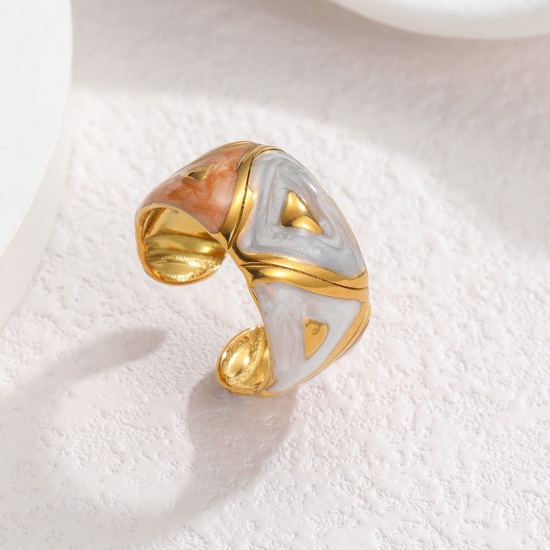 Picture of Wholesale Women's Gift Triangle Gray Enamel Open Rings, 18K Gold Plated 304 Stainless Steel, PVD Vacuum Plating Ins Style Stylish Jewelry Supply, 17mm(US Size 6.5), 1 Piece