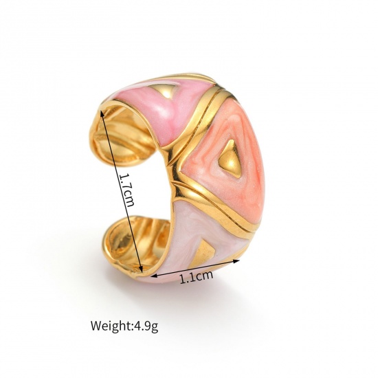 Picture of Wholesale Women's Gift Triangle Pink Enamel Open Rings, 18K Gold Plated 304 Stainless Steel, PVD Vacuum Plating Ins Style Stylish Jewelry Supply, 17mm(US Size 6.5), 1 Piece