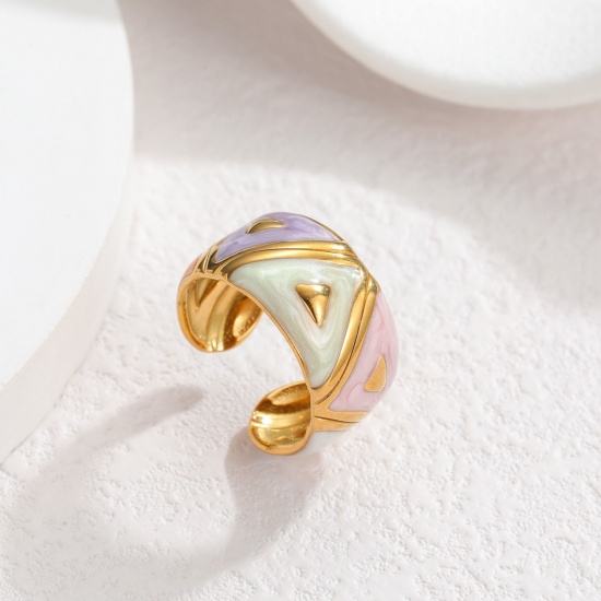 Picture of Wholesale Women's Gift Triangle Multicolor Enamel Open Rings, 18K Gold Plated 304 Stainless Steel, PVD Vacuum Plating Ins Style Stylish Jewelry Supply, 17mm(US Size 6.5), 1 Piece