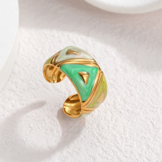 Picture of Wholesale Women's Gift Triangle Green Enamel Open Rings, 18K Gold Plated 304 Stainless Steel, PVD Vacuum Plating Ins Style Stylish Jewelry Supply, 17mm(US Size 6.5), 1 Piece
