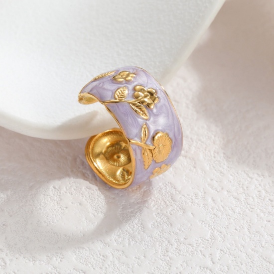 Picture of Wholesale Women's Gift Rose Flower Purple Enamel Open Rings, 18K Gold Plated 304 Stainless Steel, PVD Vacuum Plating Exquisite Stylish Jewelry Supply, 17mm(US Size 6.5), 1 Piece