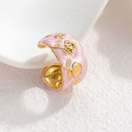 Picture of Wholesale Women's Gift Rose Flower Pink Enamel Open Rings, 18K Gold Plated 304 Stainless Steel, PVD Vacuum Plating Exquisite Stylish Jewelry Supply, 17mm(US Size 6.5), 1 Piece