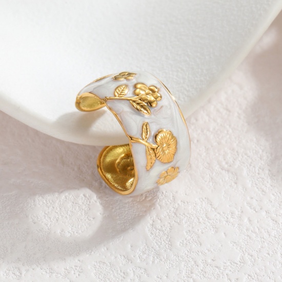 Picture of Wholesale Women's Gift Rose Flower White Enamel Open Rings, 18K Gold Plated 304 Stainless Steel, PVD Vacuum Plating Exquisite Stylish Jewelry Supply, 17mm(US Size 6.5), 1 Piece