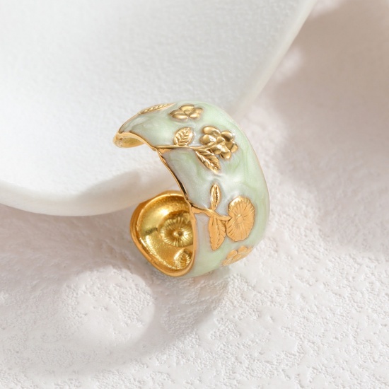 Picture of Wholesale Women's Gift Rose Flower Light Green Enamel Open Rings, 18K Gold Plated 304 Stainless Steel, PVD Vacuum Plating Exquisite Stylish Jewelry Supply, 17mm(US Size 6.5), 1 Piece
