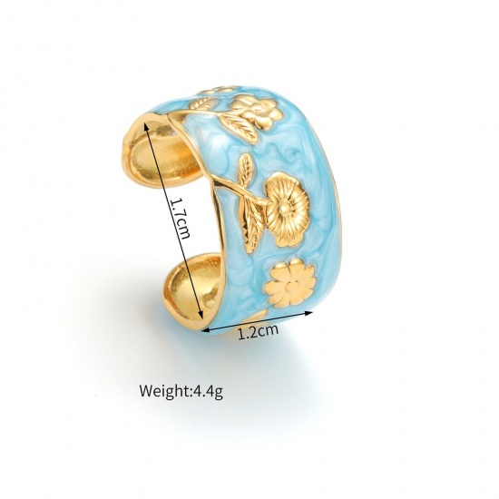 Picture of Wholesale Women's Gift Rose Flower Blue Enamel Open Rings, 18K Gold Plated 304 Stainless Steel, PVD Vacuum Plating Exquisite Stylish Jewelry Supply, 17mm(US Size 6.5), 1 Piece