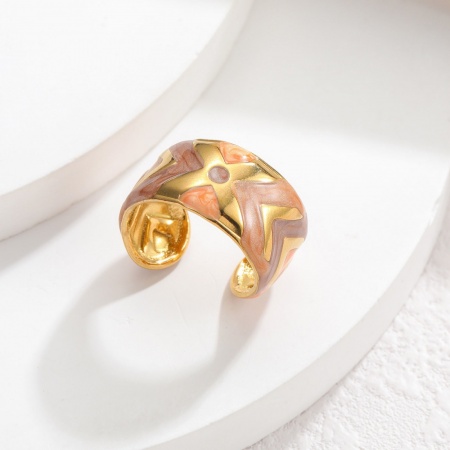 Picture of Wholesale Women's Gift Geometric Orange Enamel Open Rings, 18K Gold Plated 304 Stainless Steel, PVD Vacuum Plating Ins Style Stylish Jewelry Supply, 18mm(US Size 7.75), 1 Piece