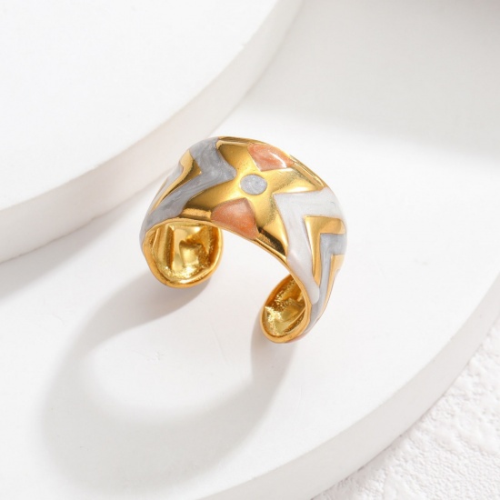 Picture of Wholesale Women's Gift Geometric Gray Enamel Open Rings, 18K Gold Plated 304 Stainless Steel, PVD Vacuum Plating Ins Style Stylish Jewelry Supply, 18mm(US Size 7.75), 1 Piece