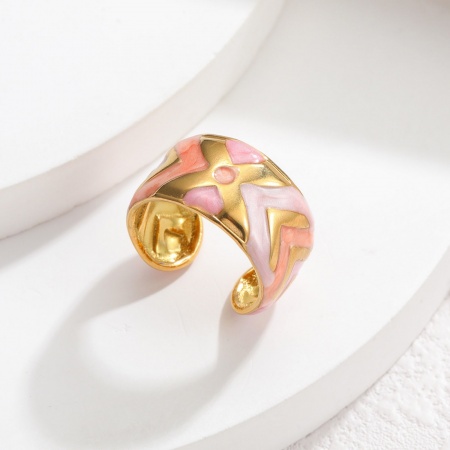 Picture of Wholesale Women's Gift Geometric Pink Enamel Open Rings, 18K Gold Plated 304 Stainless Steel, PVD Vacuum Plating Ins Style Stylish Jewelry Supply, 18mm(US Size 7.75), 1 Piece