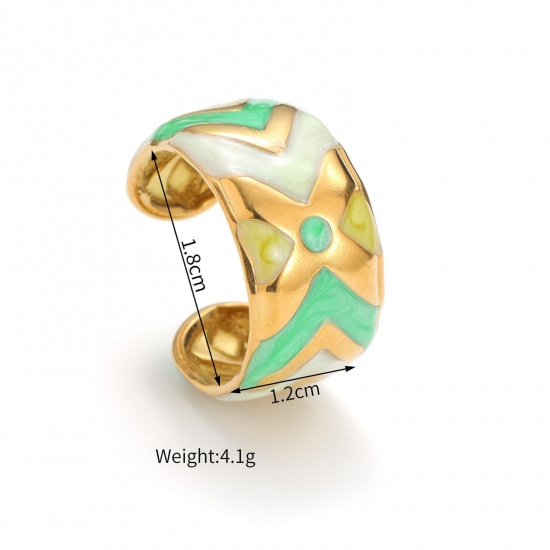 Picture of Wholesale Women's Gift Geometric Green Enamel Open Rings, 18K Gold Plated 304 Stainless Steel, PVD Vacuum Plating Ins Style Stylish Jewelry Supply, 18mm(US Size 7.75), 1 Piece