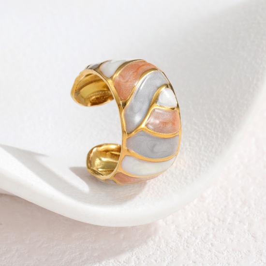 Picture of Wholesale Women's Gift Geometric Gray Enamel Open Rings, 18K Gold Plated 304 Stainless Steel, PVD Vacuum Plating Ins Style Stylish Jewelry Supply, 17mm(US Size 6.5), 1 Piece