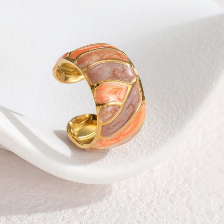 Bild von Großhandel Frauen Geschenk Geometrisch Orange Emaille Offen Ring, 18K Vergoldet 304 Edelstahl, PVD-Vakuumbeschichtung Ins Stil Stilvoll Schmuckbedarf, 17mm (US Größe 6.5), 1 Stück