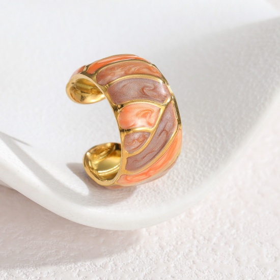 Picture of Wholesale Women's Gift Geometric Orange Enamel Open Rings, 18K Gold Plated 304 Stainless Steel, PVD Vacuum Plating Ins Style Stylish Jewelry Supply, 17mm(US Size 6.5), 1 Piece