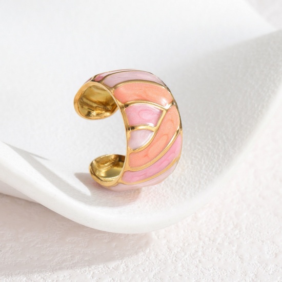 Picture of Wholesale Women's Gift Geometric Pink Enamel Open Rings, 18K Gold Plated 304 Stainless Steel, PVD Vacuum Plating Ins Style Stylish Jewelry Supply, 17mm(US Size 6.5), 1 Piece