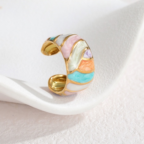 Picture of Wholesale Women's Gift Geometric Multicolor Enamel Open Rings, 18K Gold Plated 304 Stainless Steel, PVD Vacuum Plating Ins Style Stylish Jewelry Supply, 17mm(US Size 6.5), 1 Piece