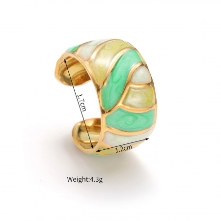 Bild von Großhandel Frauen Geschenk Geometrisch Grün Emaille Offen Ring, 18K Vergoldet 304 Edelstahl, PVD-Vakuumbeschichtung Ins Stil Stilvoll Schmuckbedarf, 17mm (US Größe 6.5), 1 Stück